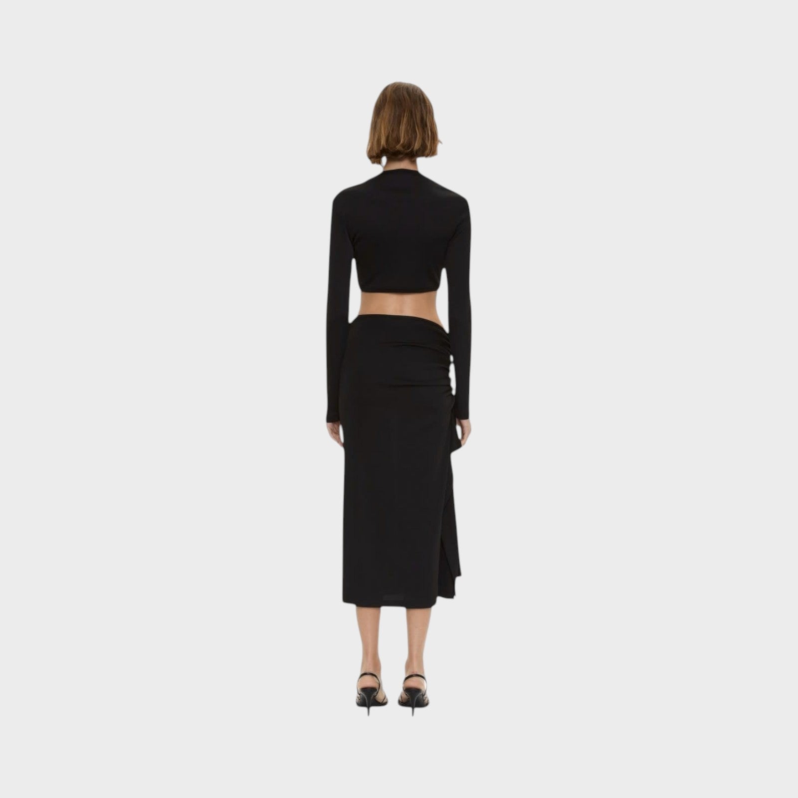Tasoni Christopher Esber black ribbed long sleeve crop top with crystal pendant detail, back view on model.