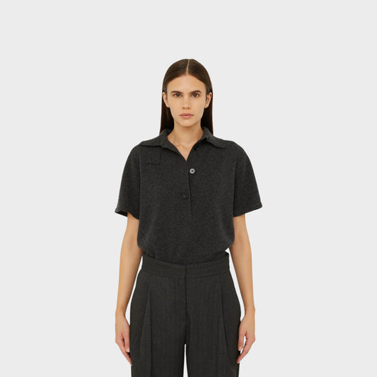 Tasoni Christopher Esber charcoal grey cashmere short sleeve polo shirt with a classic collar and button placket.