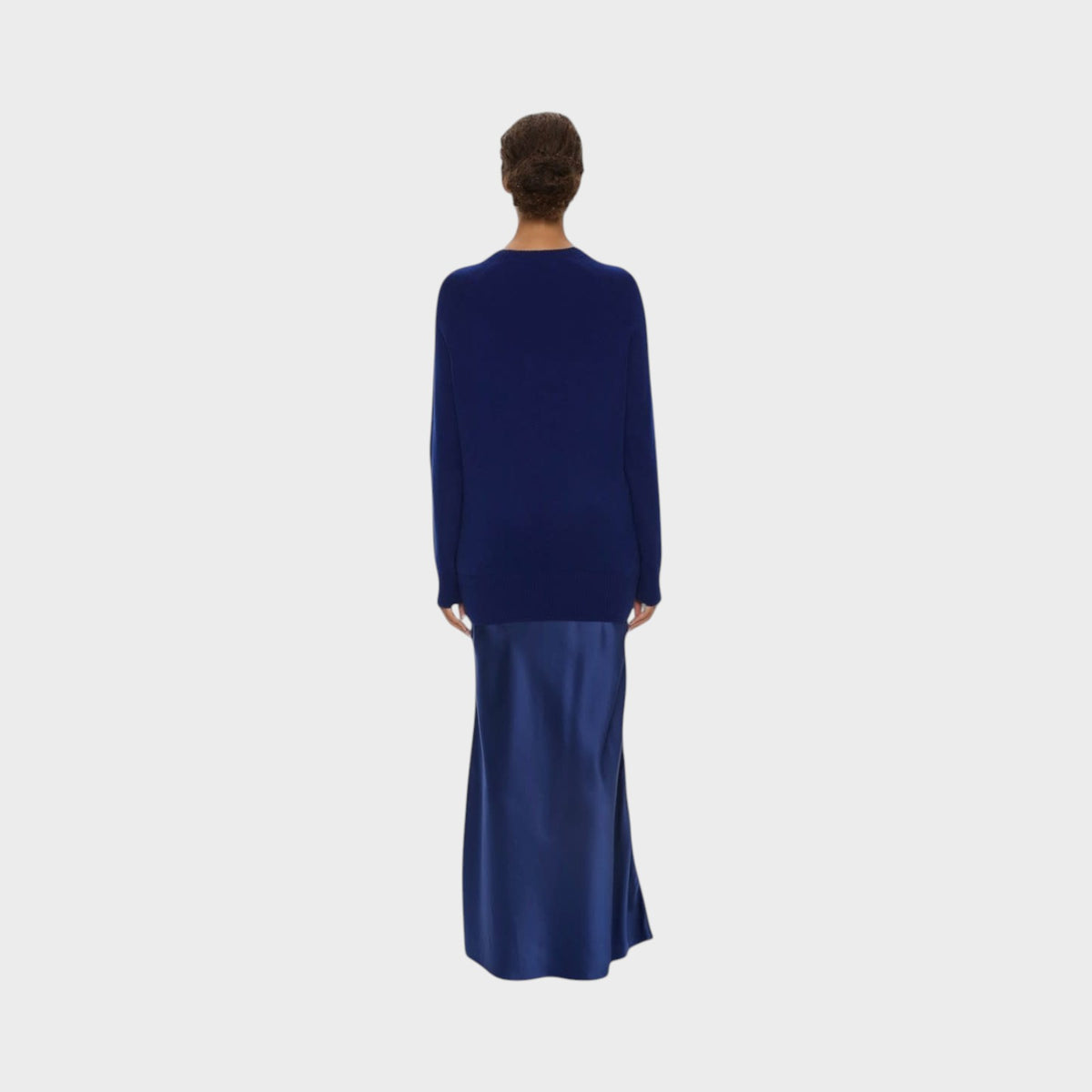 Tasoni Christopher Esber ink blue cashmere Monument long dress with a satin skirt back view