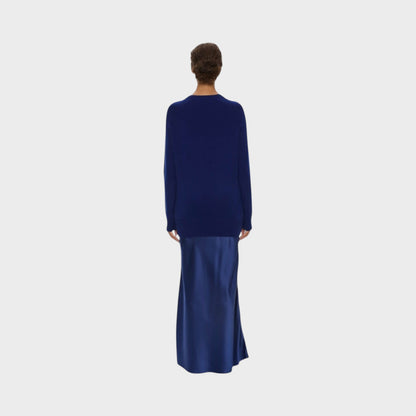 Tasoni Christopher Esber ink blue cashmere Monument long dress with a satin skirt back view