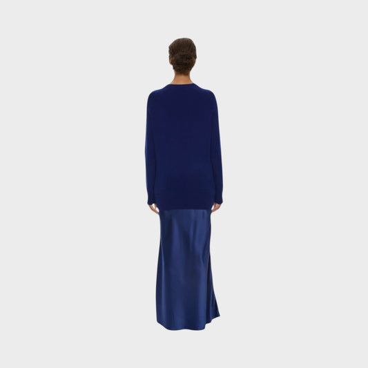 Tasoni Christopher Esber ink blue cashmere Monument long dress with a satin skirt back view