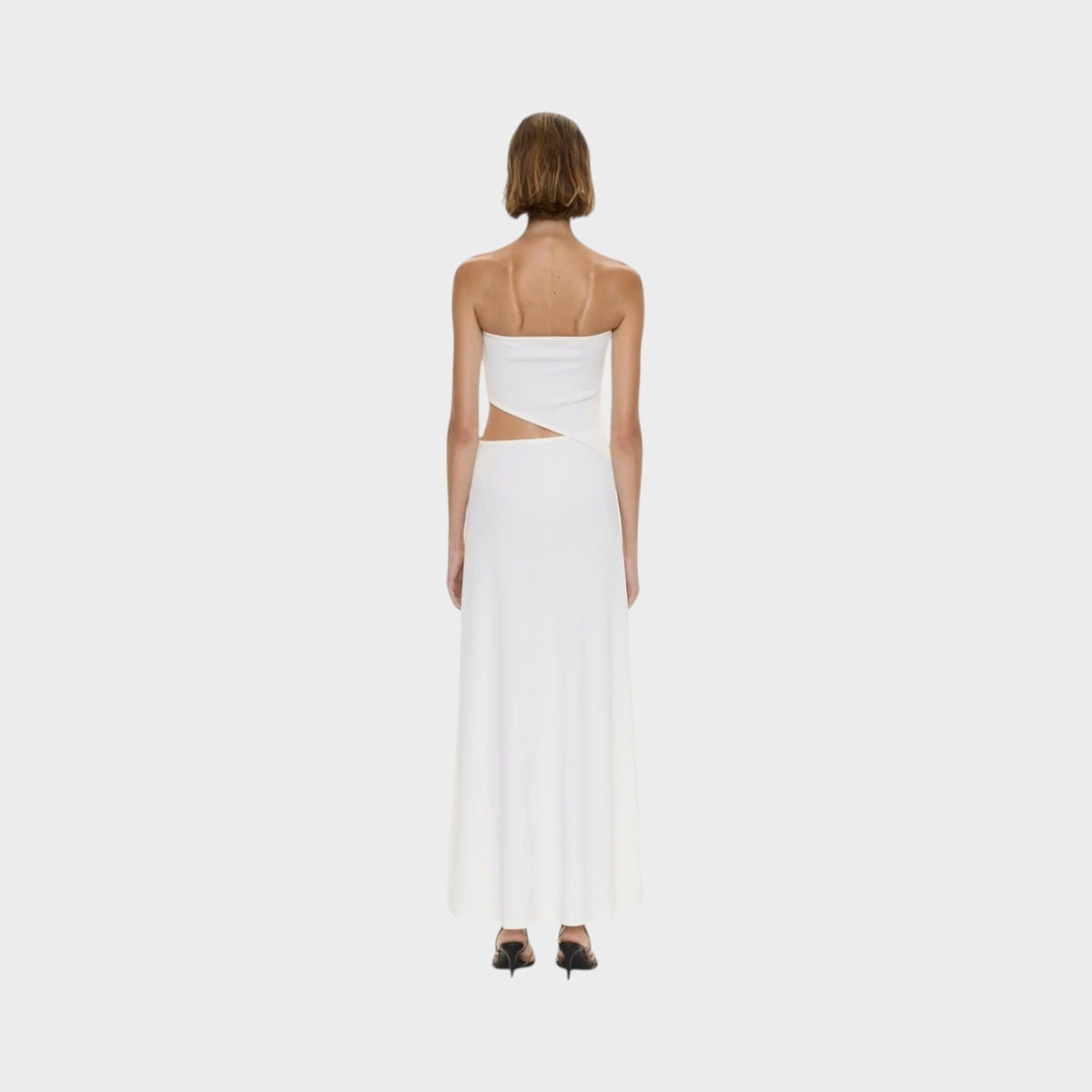Tasoni Christopher Esber white strapless maxi dress with side cut-out detail, back view