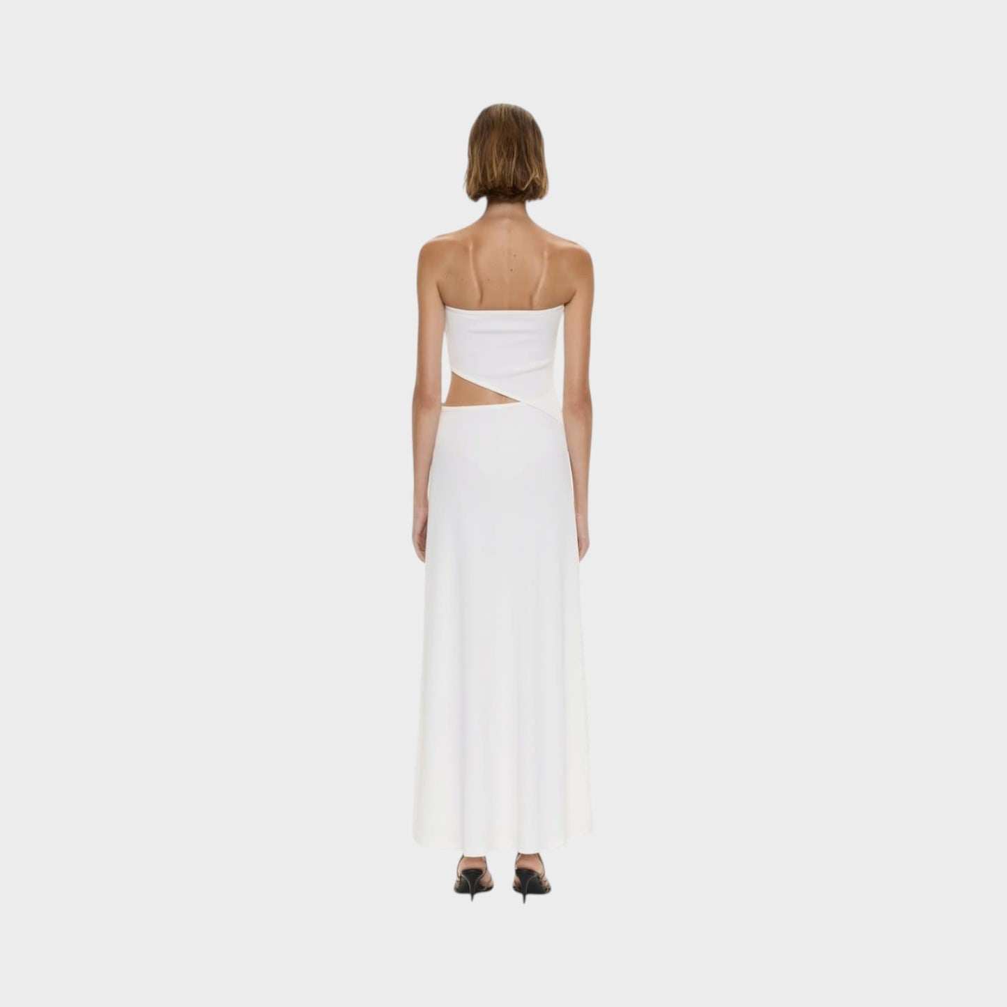 Tasoni Christopher Esber white strapless maxi dress with side cut-out detail, back view