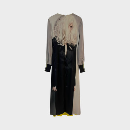 Tasoni long sleeve midi dress with a striking Cindy Sherman portrait print, featuring a black blazer overlay and yellow lining.