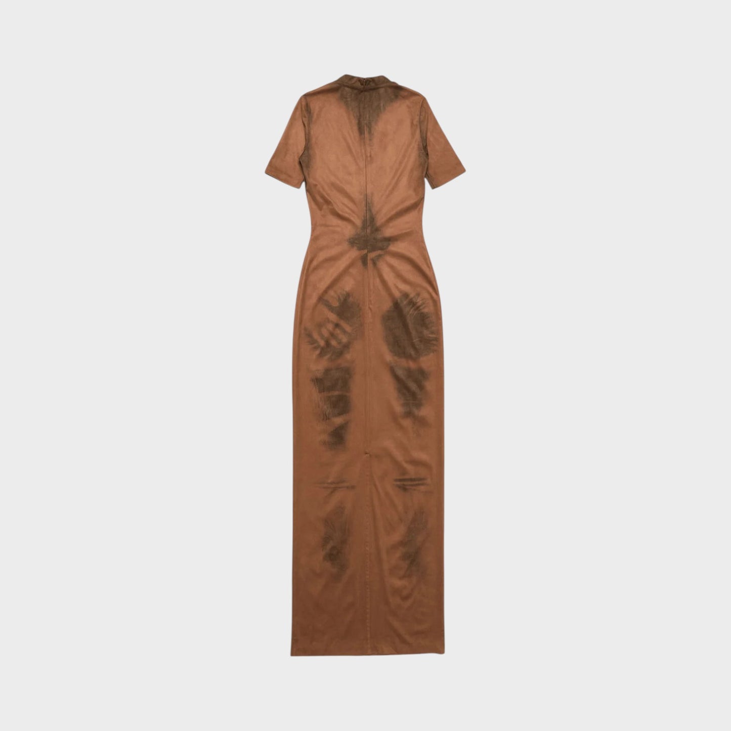 Tasoni TasoniHere is the original image: Acne Studio fitted long dress in cognac brown with trompe-l’œil body print and short sleeves.