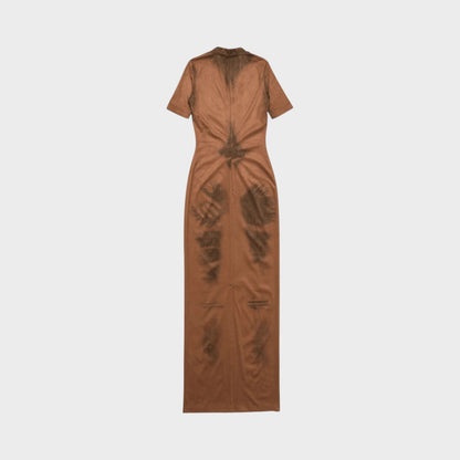 Tasoni TasoniHere is the original image: Acne Studio fitted long dress in cognac brown with trompe-l’œil body print and short sleeves.