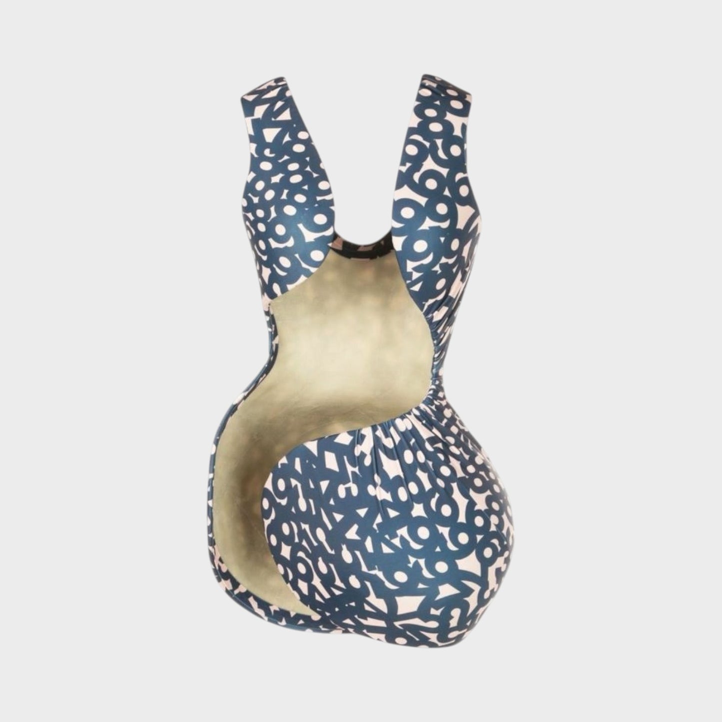 Tasoni Comme des Garcons dress with a dark blue and light pink CDG D-pattern. Sleeveless, open-back design.