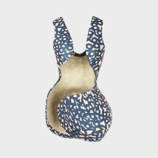 Tasoni Comme des Garcons dress with a dark blue and light pink CDG D-pattern. Sleeveless, open-back design.
