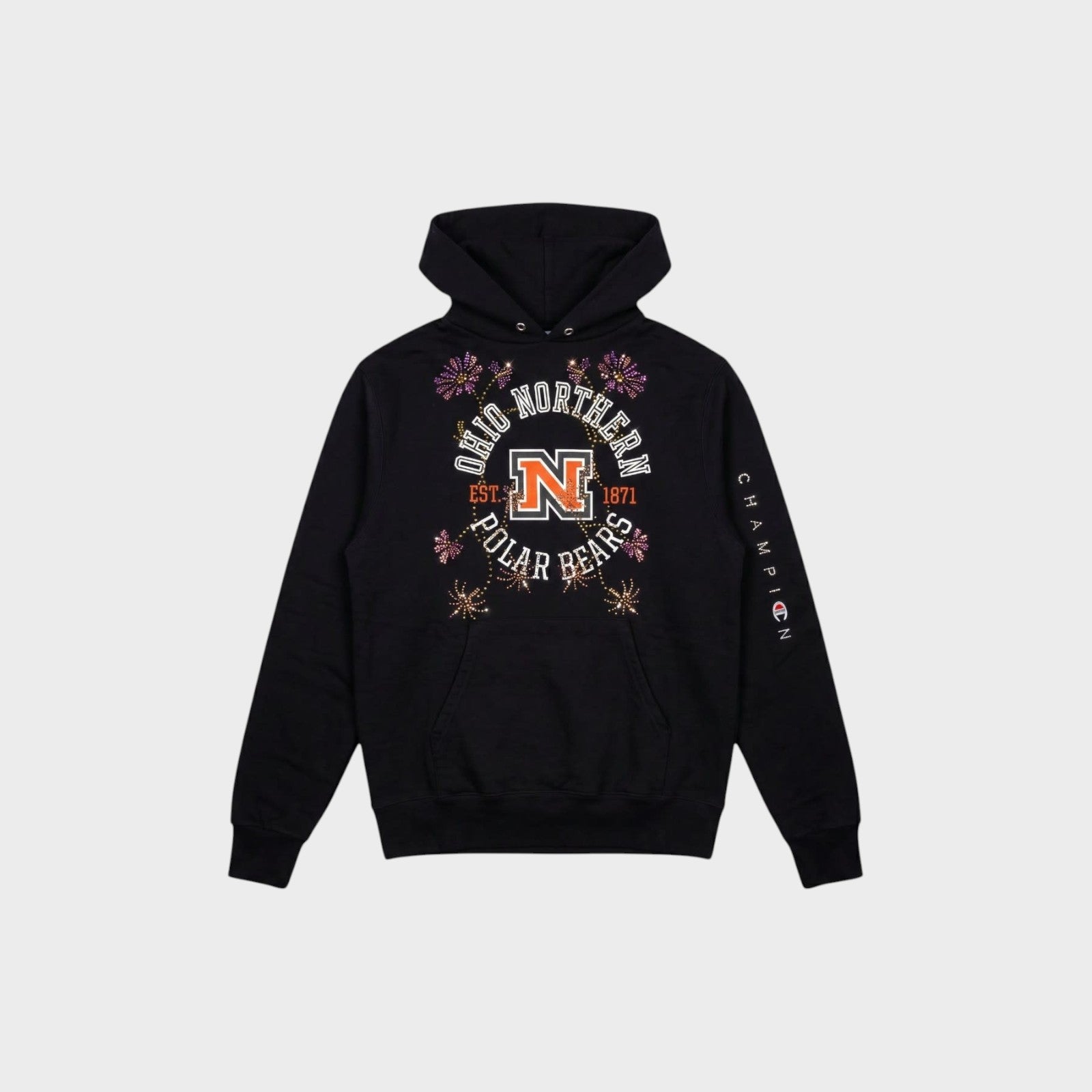 Tasoni black Conner Ives hoodie featuring a crystal-embellished Ohio Northern Polar Bears floral graphic print.