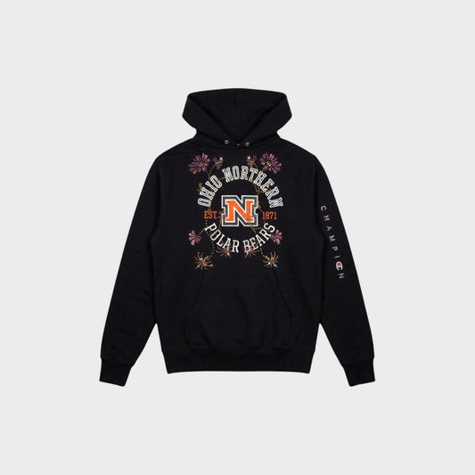 Tasoni black Conner Ives hoodie featuring a crystal-embellished Ohio Northern Polar Bears floral graphic print.