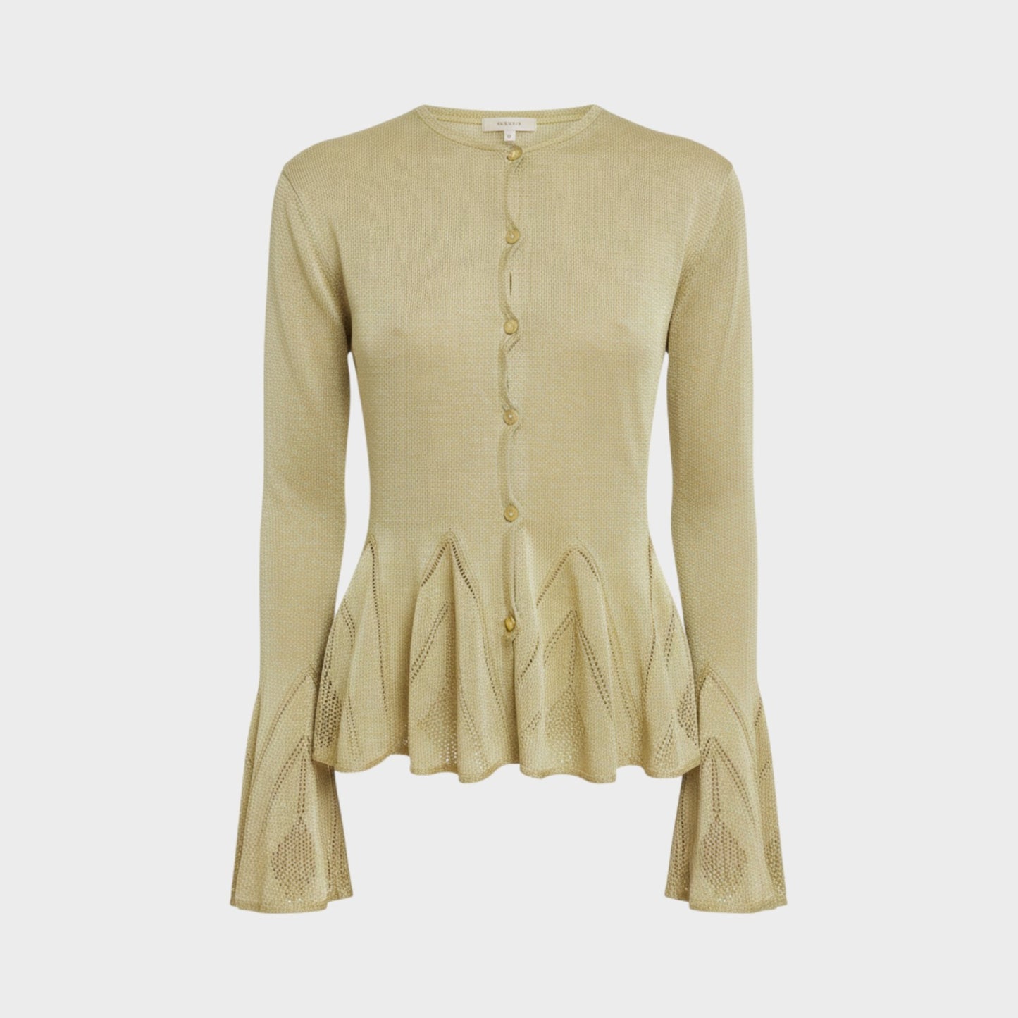 Tasoni Conner Ives gold knitted pointelle godet cardigan with long flared sleeves and button-down front.
