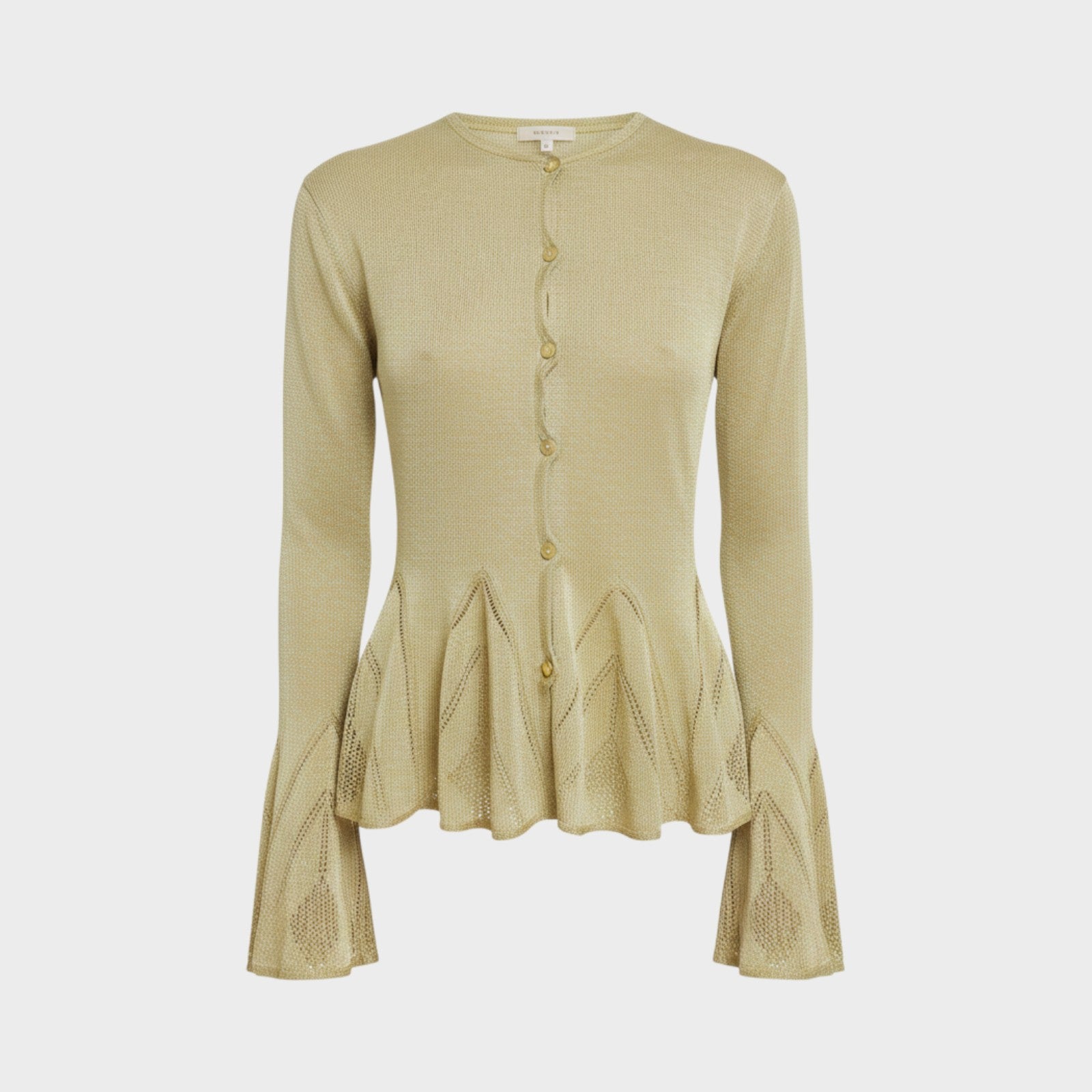 Tasoni Conner Ives gold knitted pointelle godet cardigan with long flared sleeves and button-down front.