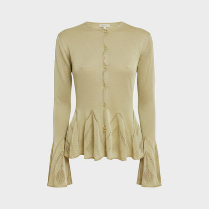 Tasoni Conner Ives gold knitted pointelle godet cardigan with long flared sleeves and button-down front.