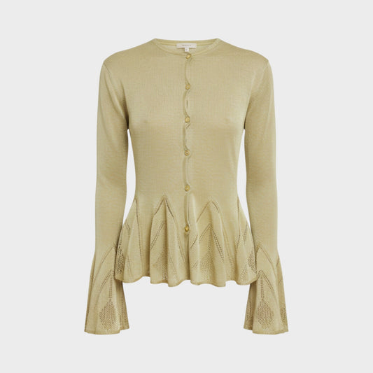 Tasoni Conner Ives gold knitted pointelle godet cardigan with long flared sleeves and button-down front.