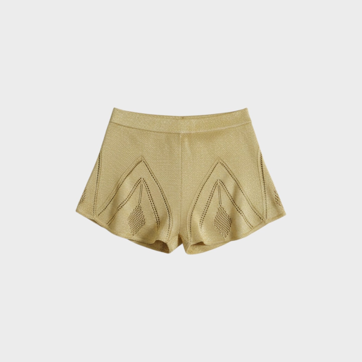 Tasoni Conner Ives gold knitted pointelle godet shorts with intricate diamond-shaped openwork detailing.
