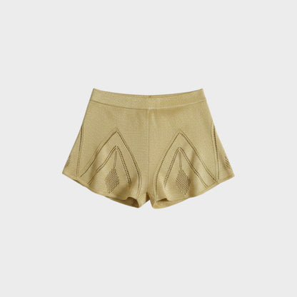 Tasoni Conner Ives gold knitted pointelle godet shorts with intricate diamond-shaped openwork detailing.