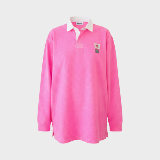 Tasoni Conner Ives neon pink cotton rugby long sleeve top with a white collar and small chest patch details.