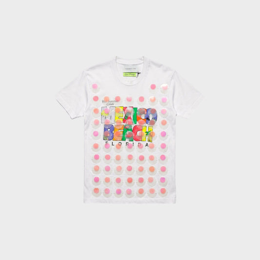 Tasoni white Conner Ives T-shirt featuring Mexico Beach graphic and decorative translucent paillette embellishments.