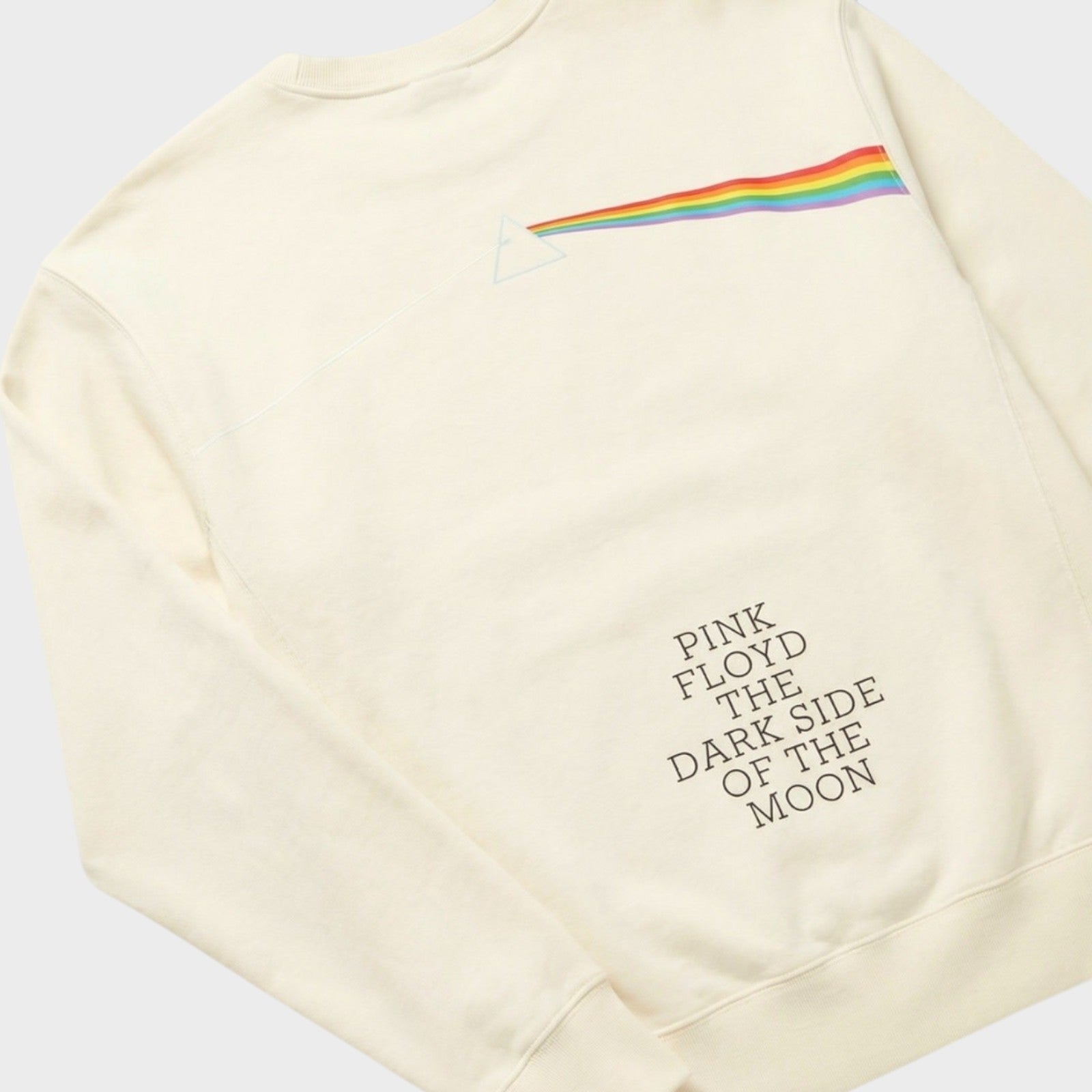 Tasoni cream cotton crew neck sweatshirt with Pink Floyd Dark Side of the Moon prism graphic.