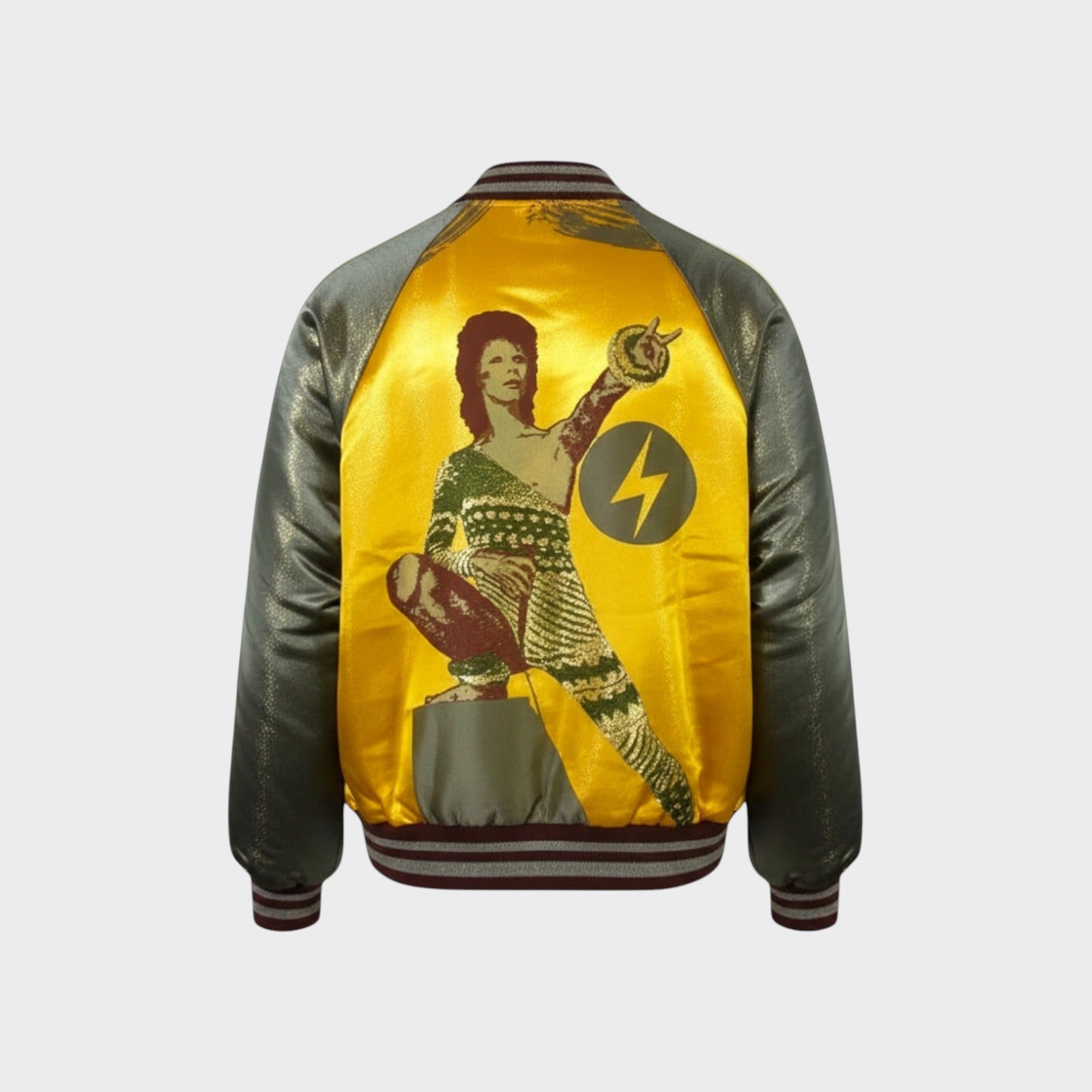 Tasoni bomber jacket with standing collar, featuring a large David Bowie graphic print on the back in yellow and green with a lightning bolt emblem.