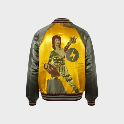 Tasoni bomber jacket with standing collar, featuring a large David Bowie graphic print on the back in yellow and green with a lightning bolt emblem.