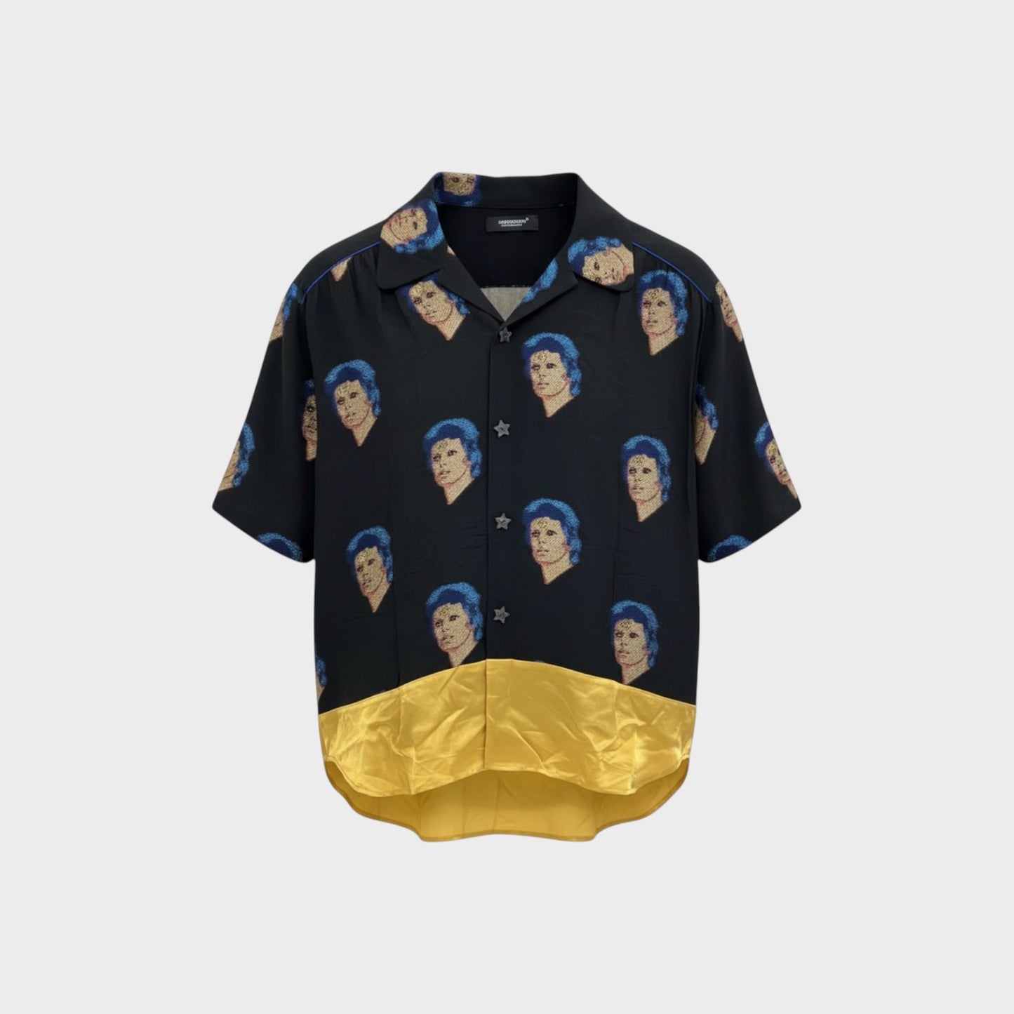 Tasoni black silk blend short sleeve shirt with repeating David Bowie graphic print and gold satin hem.