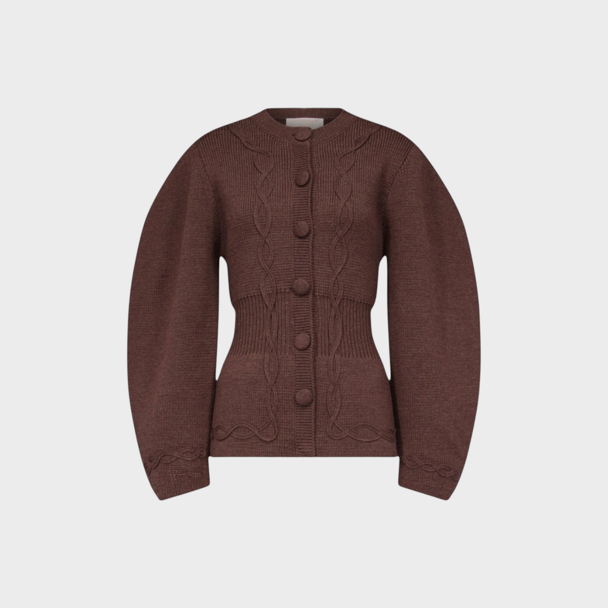 Tasoni Destree Adrian brown merino wool cardigan with cable knit detailing and voluminous sleeves