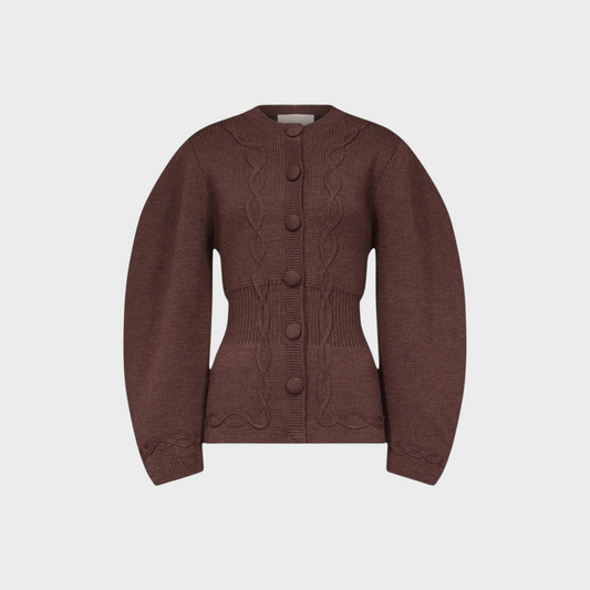 Tasoni Destree Adrian brown merino wool cardigan with cable knit detailing and voluminous sleeves
