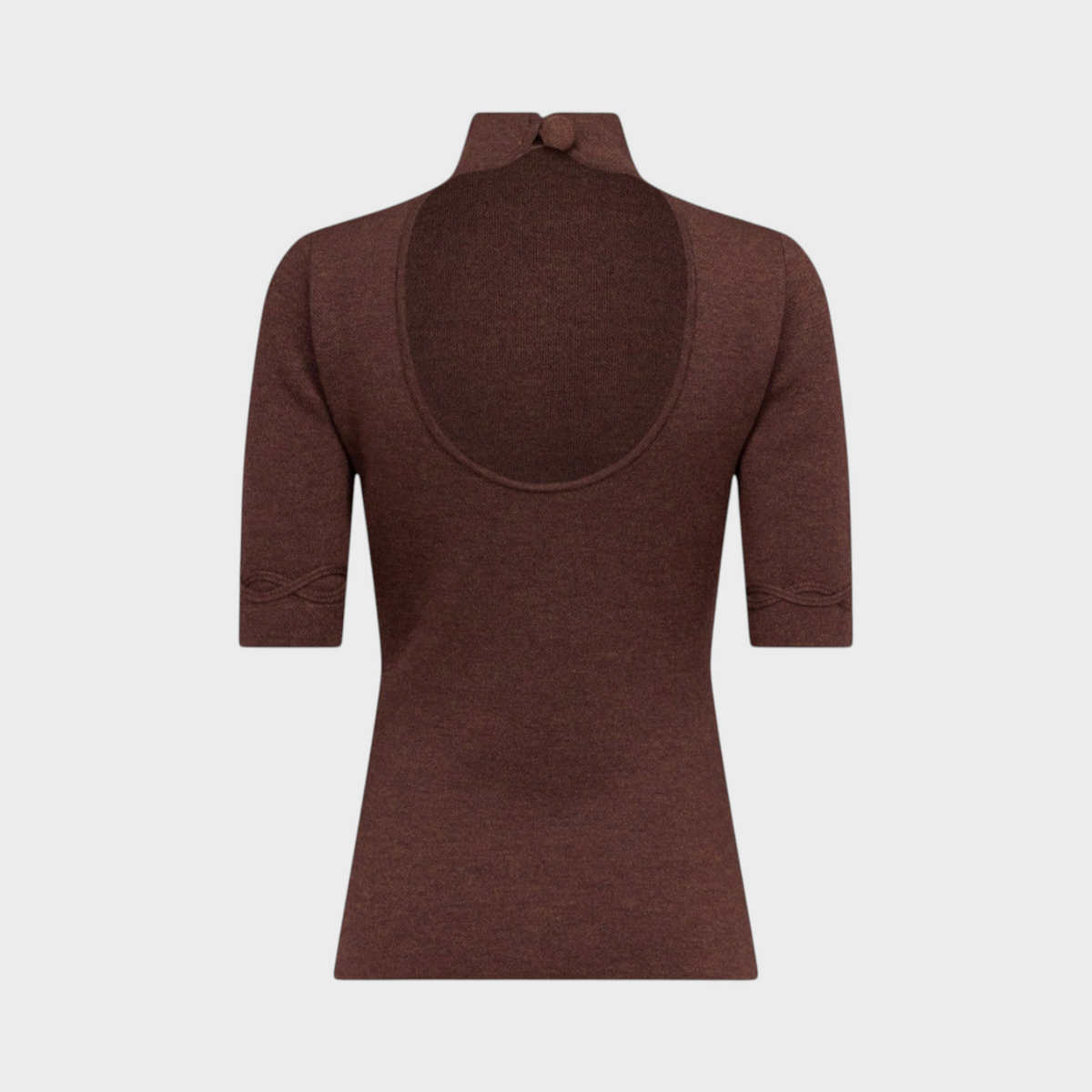 Tasoni Destree Agathe brown merino wool top with a high neck, open back, and elbow-length sleeves.