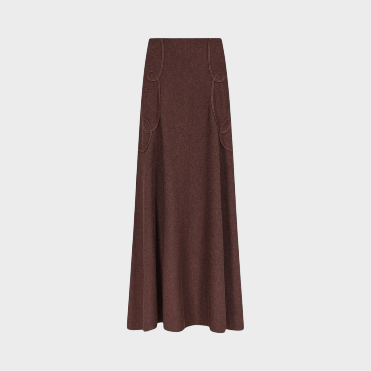 Tasoni Destree Kara long skirt in brown merino wool featuring decorative curved seam detailing on the front.