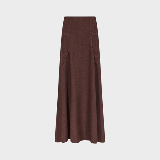 Tasoni Destree Kara long skirt in brown merino wool featuring decorative curved seam detailing on the front.