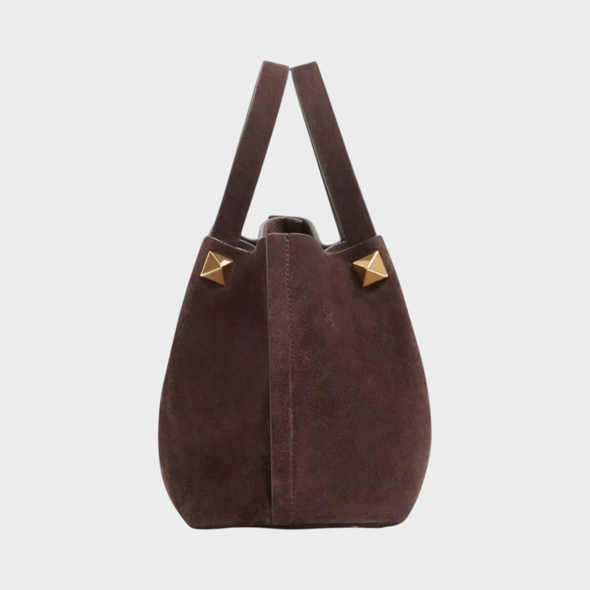 Tasoni small tote bag in ebony brown suede featuring gold-tone Vlogo signature studs on the side handles