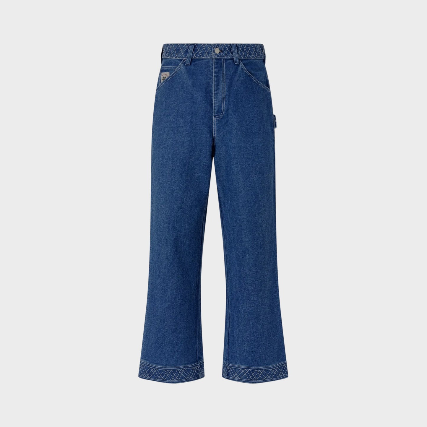 Tasoni indigo denim pants with embroidered detailing on waistband and cuffs, relaxed straight-leg fit.
