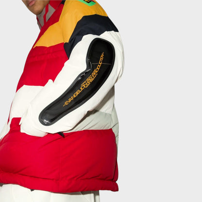 Tasoni red, yellow, white & black nylon puffer jacket with Evangelion patches and high neck zip-up.
