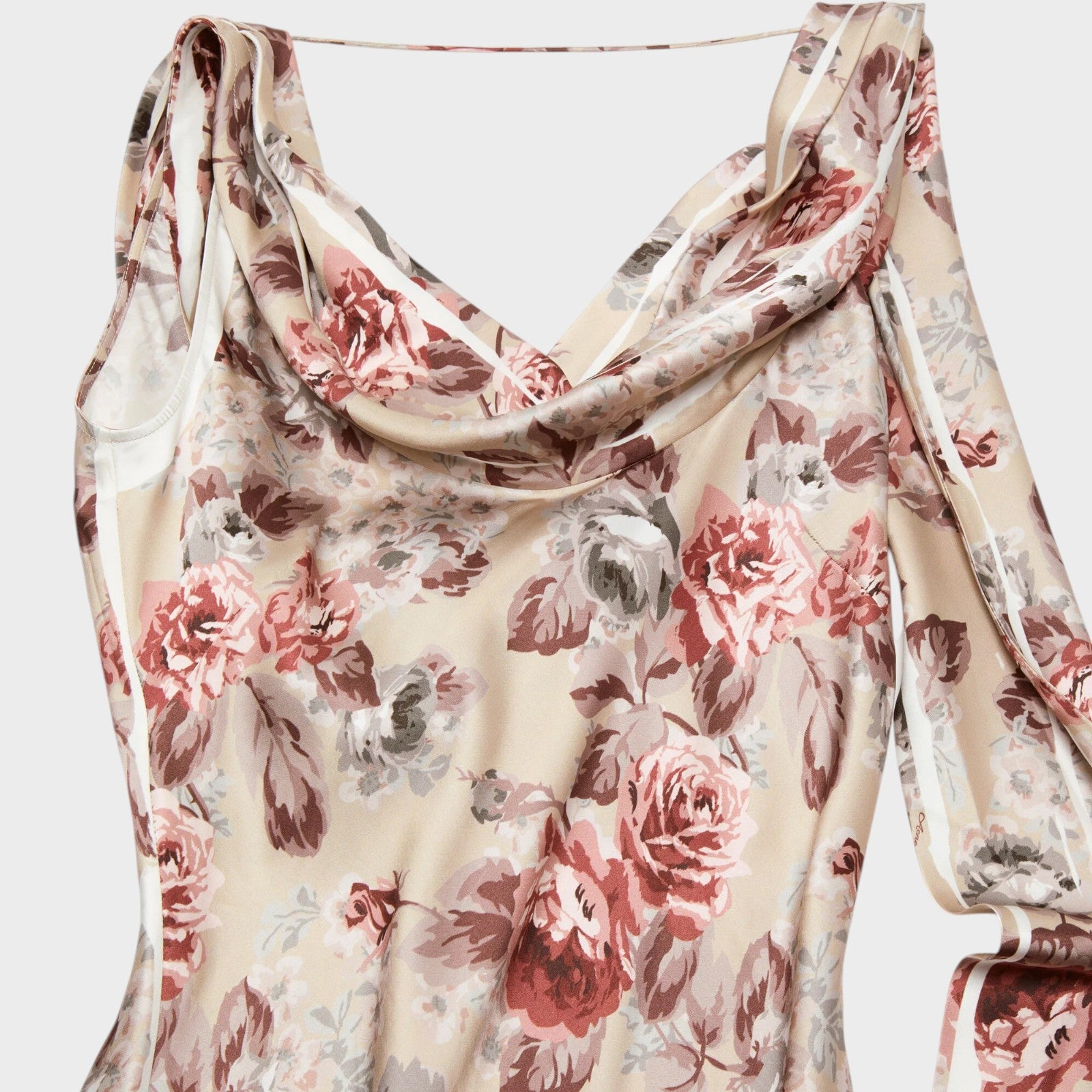 Tasoni beige draped sleeveless long dress with a multi-colored floral print and a side slit.