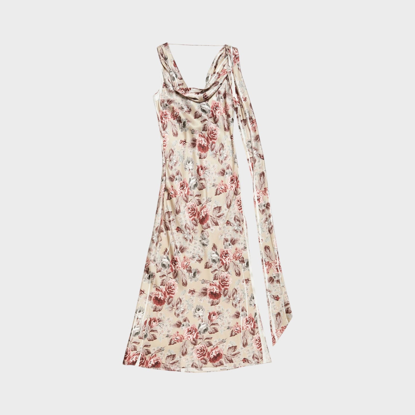 Tasoni beige draped sleeveless long dress with multi-colored floral print and side slit.