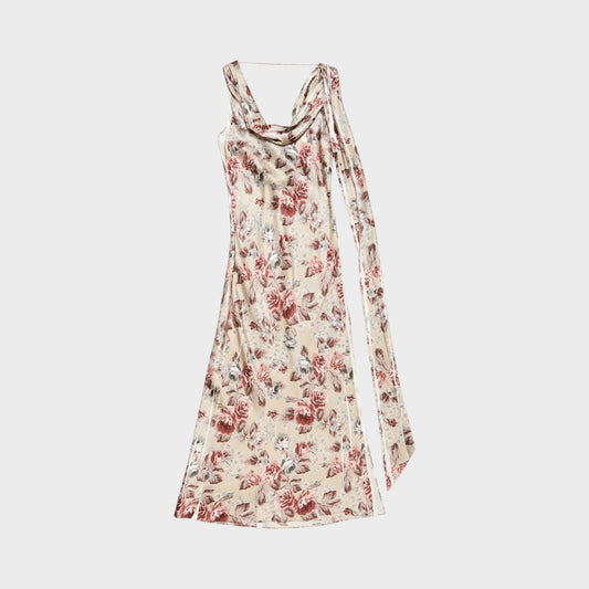 Tasoni beige draped sleeveless long dress with multi-colored floral print and side slit.
