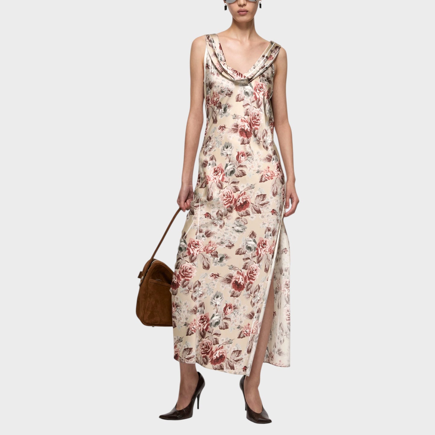 Tasoni Acne Studio draped long dress in multi beige with a floral print, sleeveless design, and a side slit.