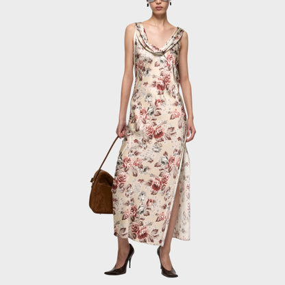 Tasoni Acne Studio draped long dress in multi beige with a floral print, sleeveless design, and a side slit.