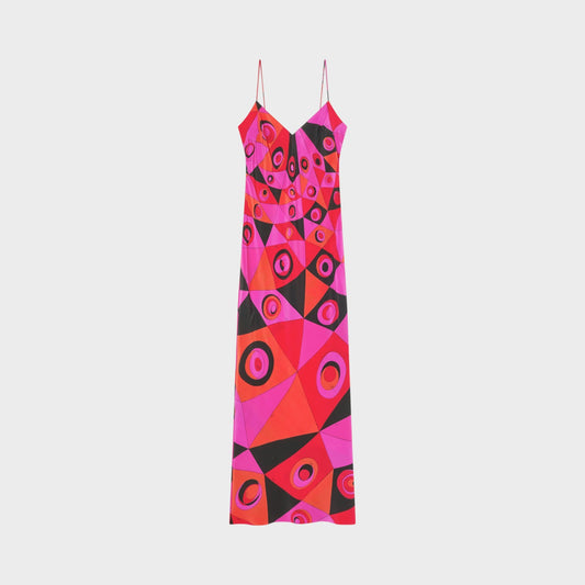 Tasoni fuchsia and black silk V-neck sleeveless long dress with geometric and eye print