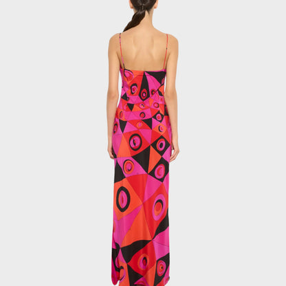 Tasoni fuchsia and black silk long dress with a geometric print and V-neck.