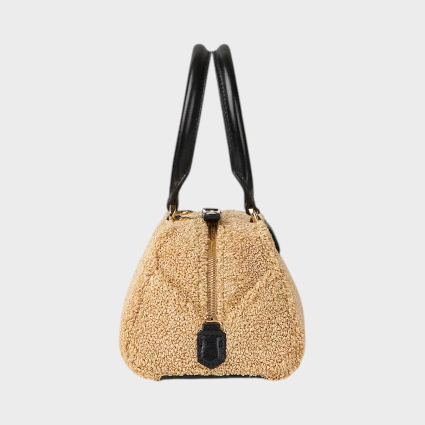 Tasoni Givenchy Antigona East West bag in beige teddy fabric with black leather handles and trim.
