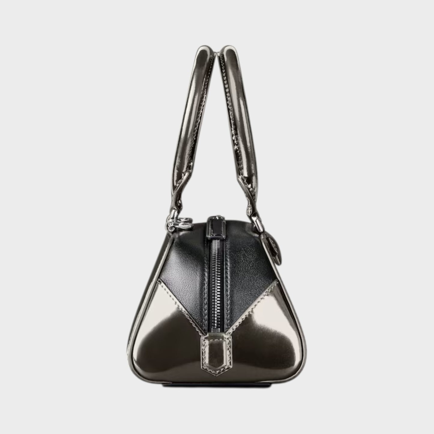 Tasoni Givenchy Antigona East West bag in black leather with gunmetal mirror effect finish and top handles.