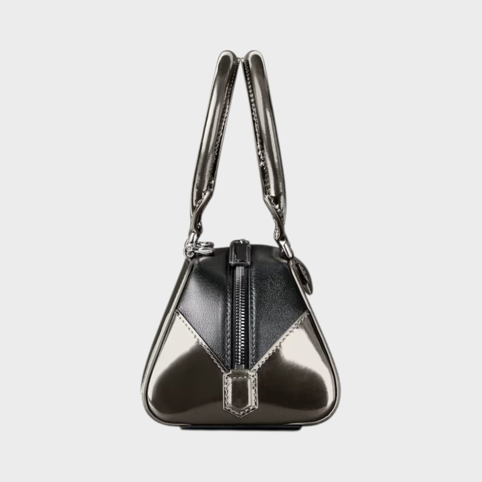 Tasoni Givenchy Antigona East West bag in black leather with gunmetal mirror effect finish and top handles.
