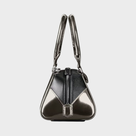 Tasoni Givenchy Antigona East West bag in black leather with gunmetal mirror effect finish and top handles.