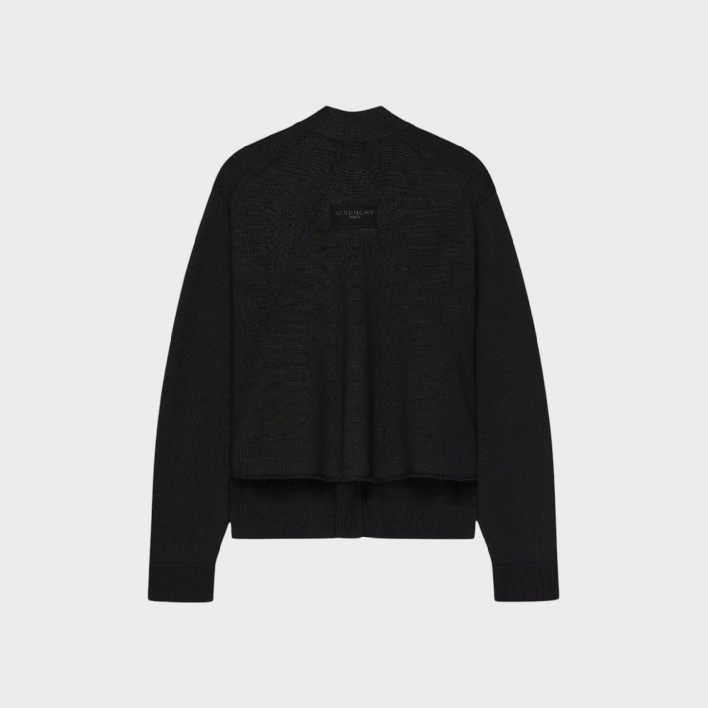 Tasoni Givenchy black wool & linen V-neck cardigan with patch pockets and subtle logo detail.