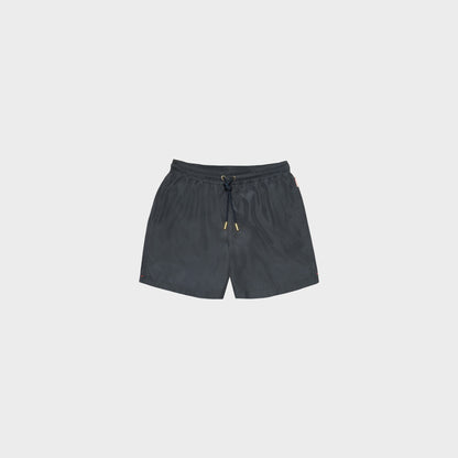 Tasoni Orlebar Brown Boxer III swim trunks in granite grey, featuring a drawstring waist with gold hardware and side pockets.