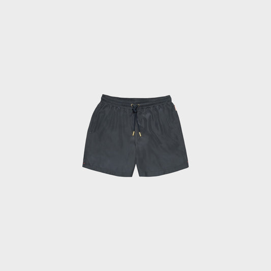 Tasoni Orlebar Brown Boxer III swim trunks in granite grey, featuring a drawstring waist with gold hardware and side pockets.