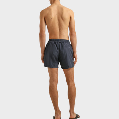 Tasoni Orlebar Brown Boxer III drawcord swim trunks in granite grey, featuring a relaxed fit and elasticated waistband.