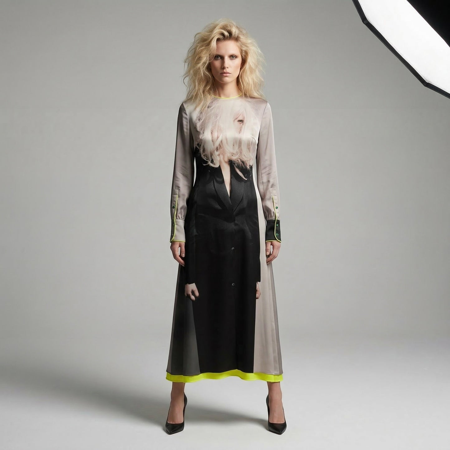 Tasoni multi-coloured long sleeve silk dress with a graphic print and yellow lining. Model wears black heels.